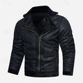 Men's black faux leather biker jacket with sherpa-lined collar
