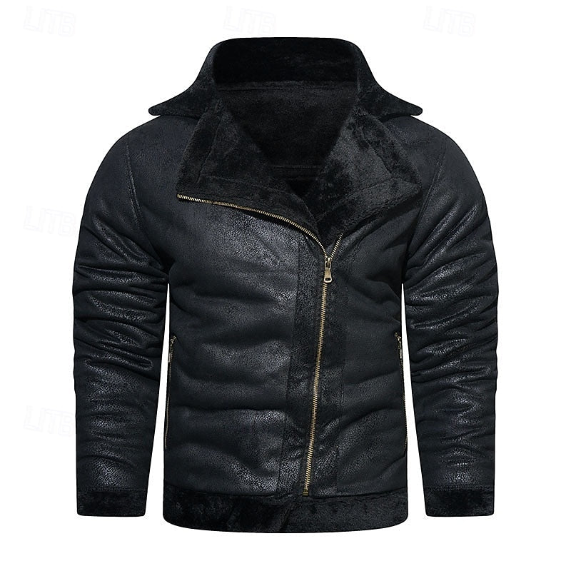 Men's black faux leather biker jacket with sherpa-lined collar