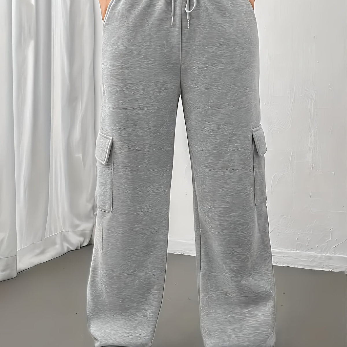 Women's grey cargo joggers with drawstring waist and side pockets