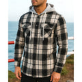 Men's black plaid hooded shirt jacket with button placket