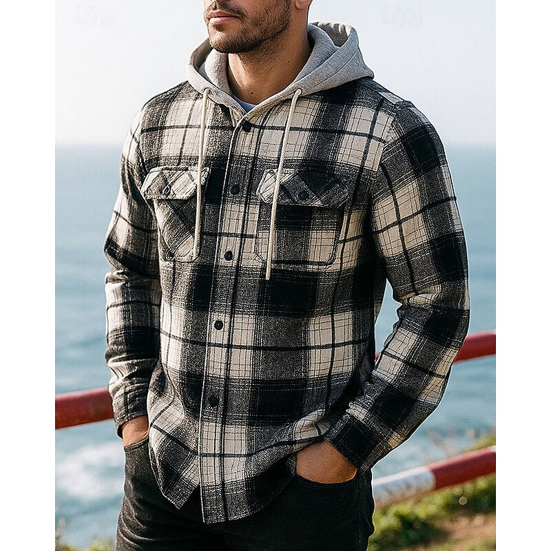 Men's black plaid hooded shirt jacket with drawstring hood