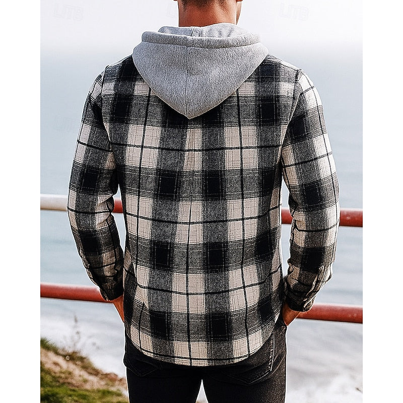 Men's black plaid hooded shirt jacket, back view with hood up