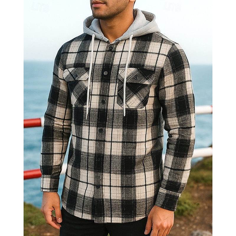 Men's black plaid hooded shirt jacket with chest pockets