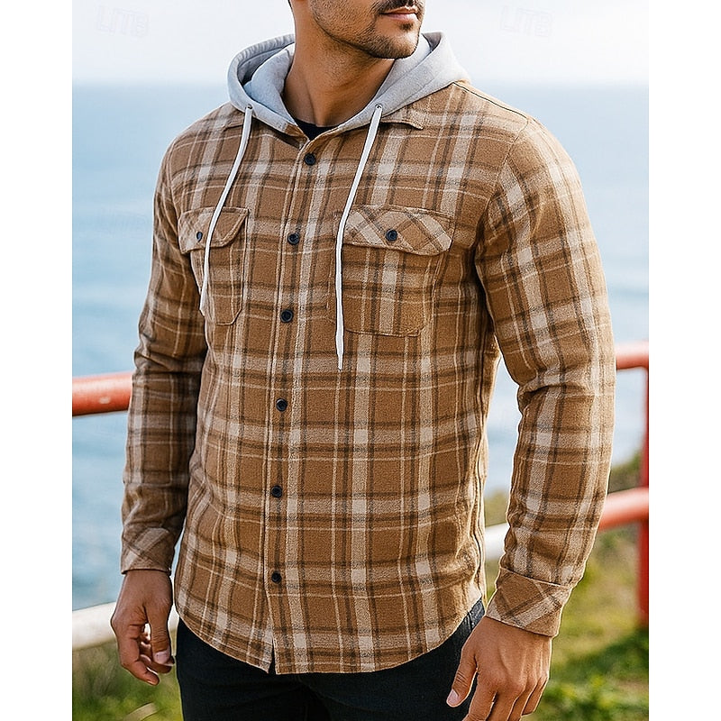 Men's khaki plaid hooded shirt jacket with chest pockets