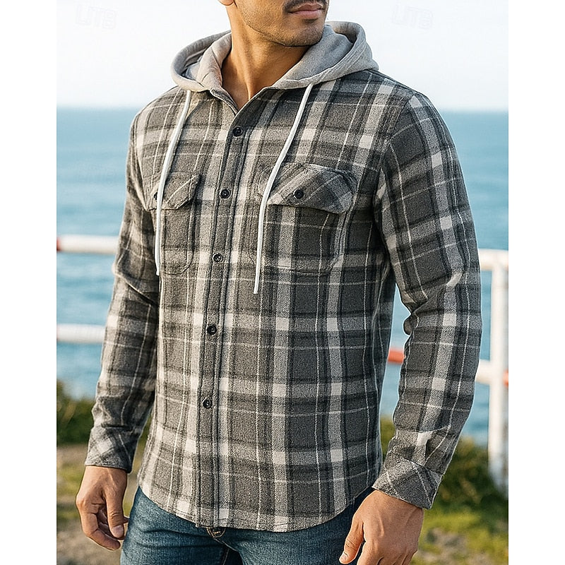 Men's grey plaid hooded shirt jacket with chest pockets