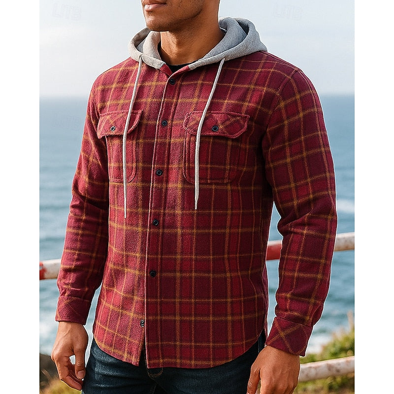 Men's grey plaid hooded shirt jacket with chest pockets