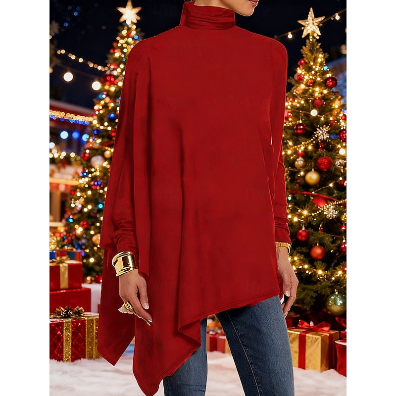 Women's red draped asymmetrical turtleneck top with long sleeves