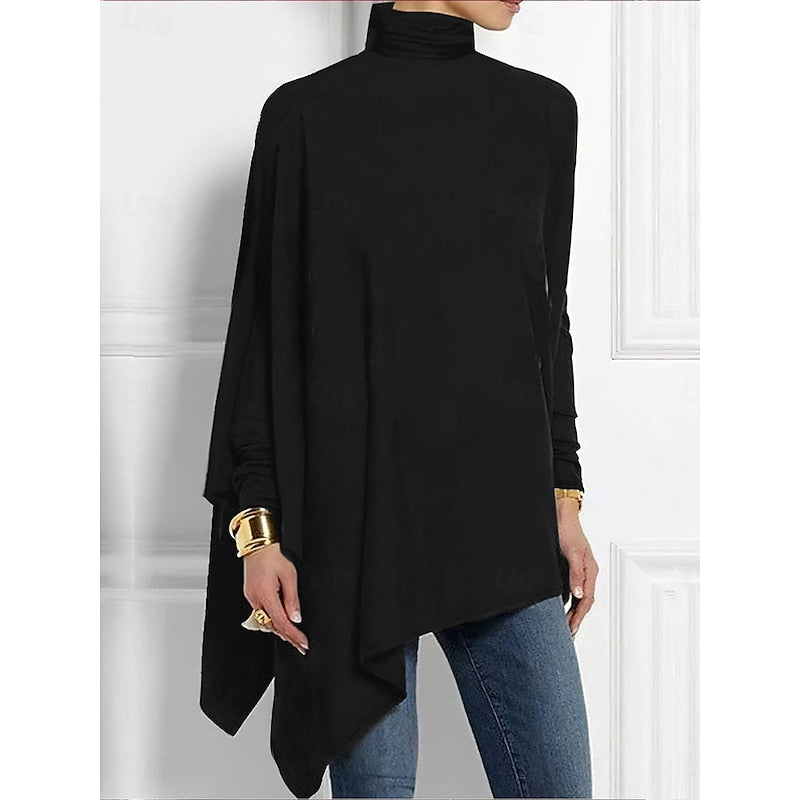 Women's black draped asymmetrical turtleneck top with long sleeves