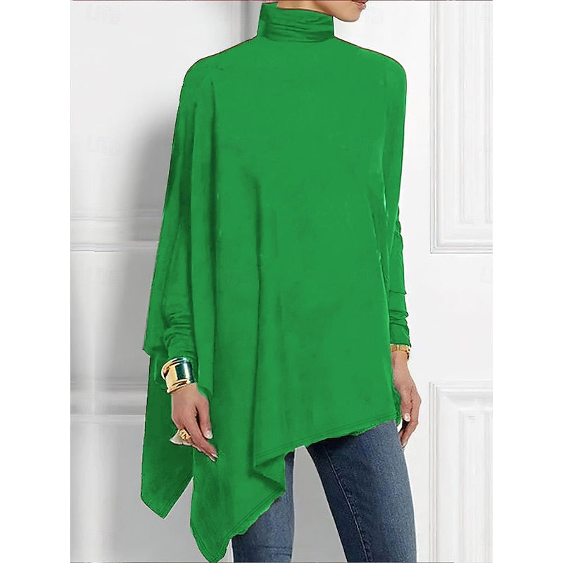 Women's green draped asymmetrical turtleneck top with long sleeves