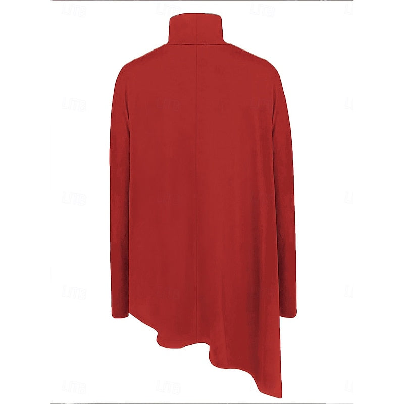 Women's red draped turtleneck top, back view with asymmetrical hem