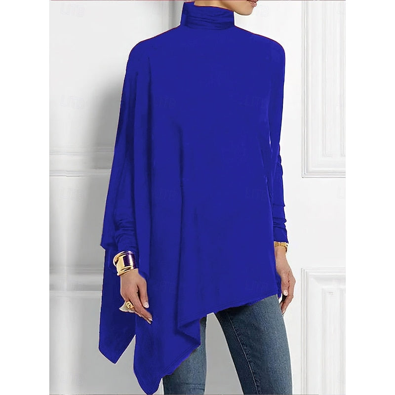 Women's red draped turtleneck top, back view with asymmetrical hem