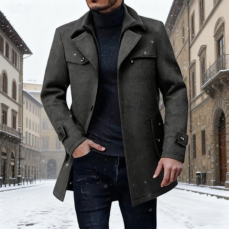 Men's dark grey tailored longline winter coat with notch collar