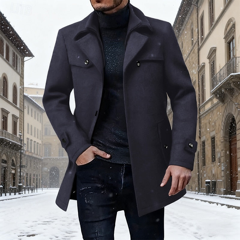 Men's navy blue tailored longline winter coat with notch collar