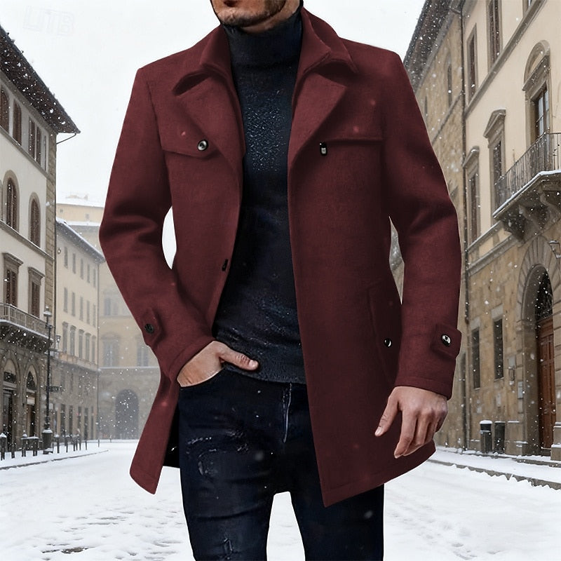 Men's wine tailored longline winter coat with notch collar