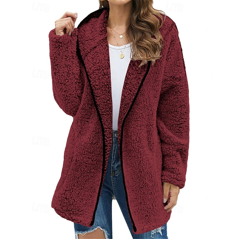 Women's wine hooded zip-up jacket with relaxed fit
