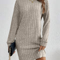 Women's khaki ribbed turtleneck sweater dress, close-up front view