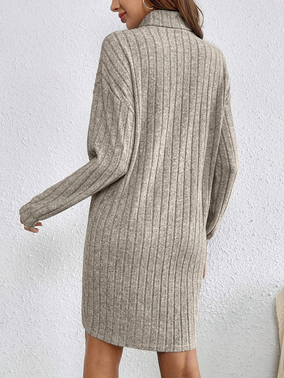 Women's khaki ribbed turtleneck sweater dress, back view detail