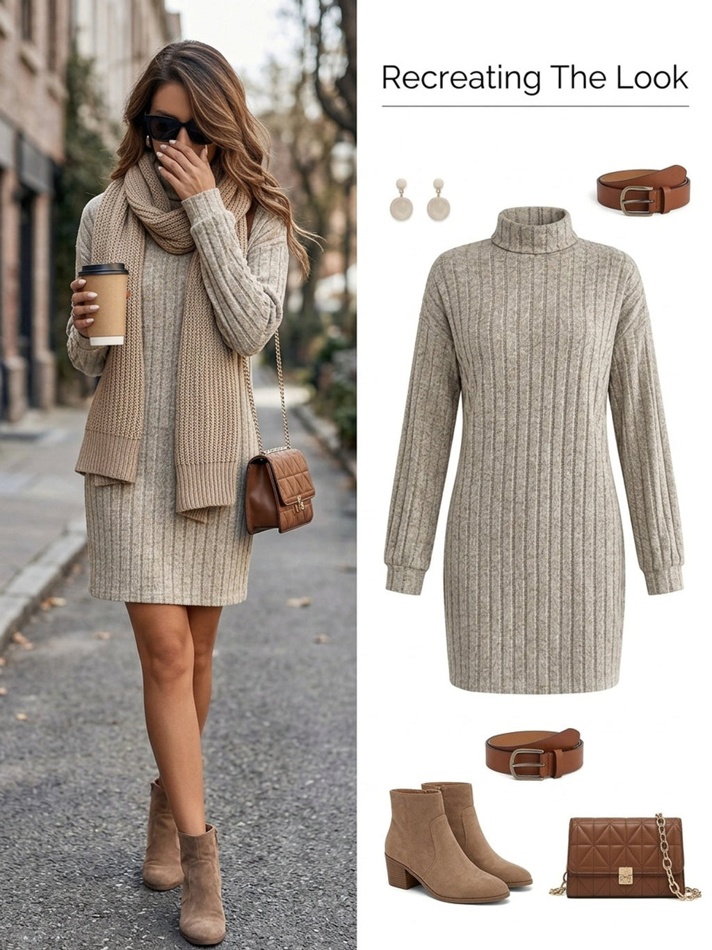 Women's khaki ribbed turtleneck sweater dress, front detail view