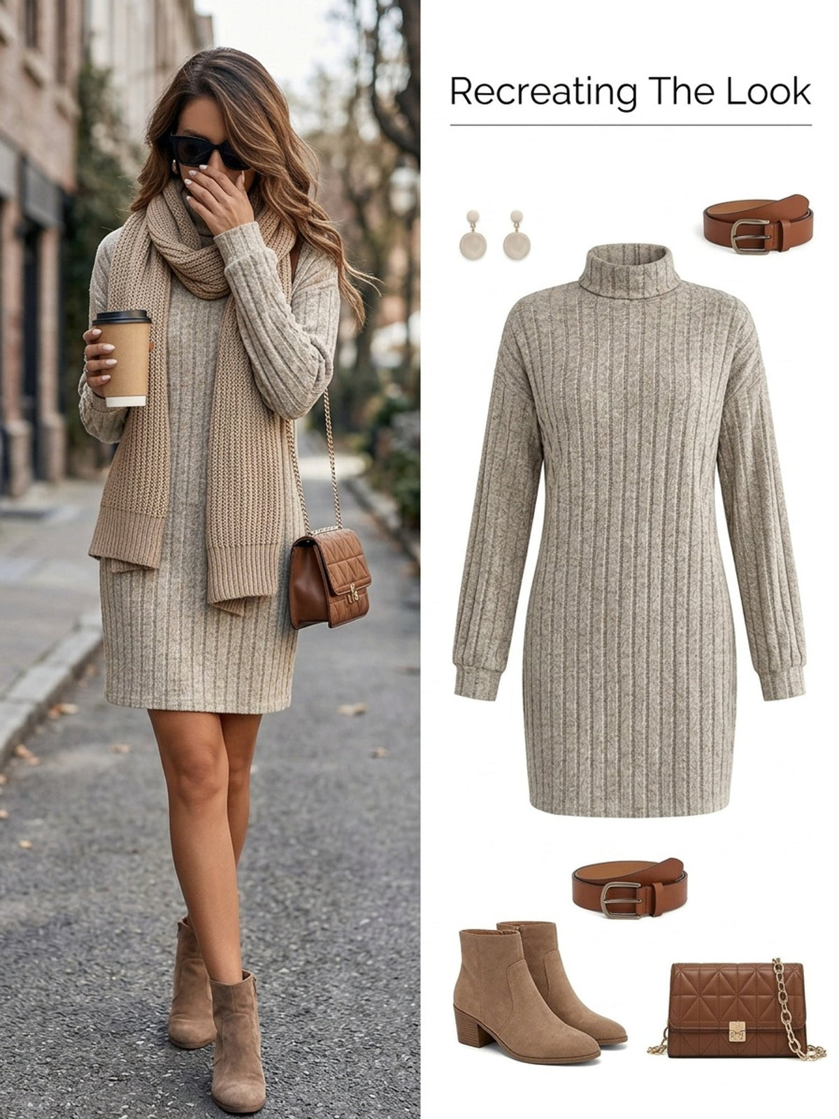 Women's khaki ribbed turtleneck sweater dress, front detail view