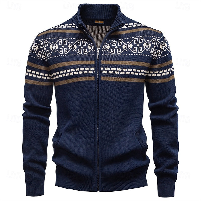 Men's Fair Isle zip-up cardigan with a stand-up collar for winter