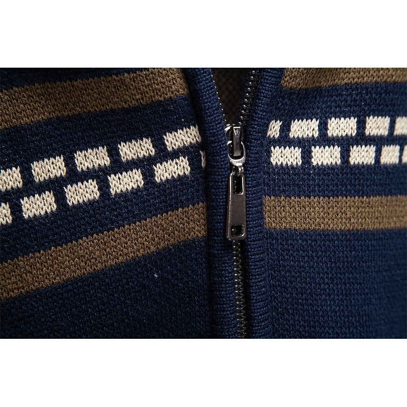 Men's Fair Isle zip-up cardigan with a stand-up collar for winter
