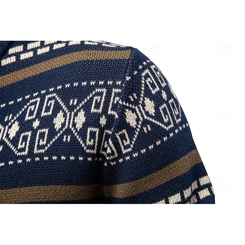 Men's Fair Isle zip-up cardigan with a stand-up collar for winter