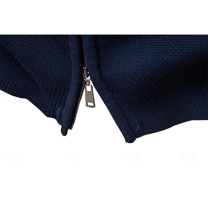 Men's Fair Isle zip-up cardigan with a stand-up collar for winter