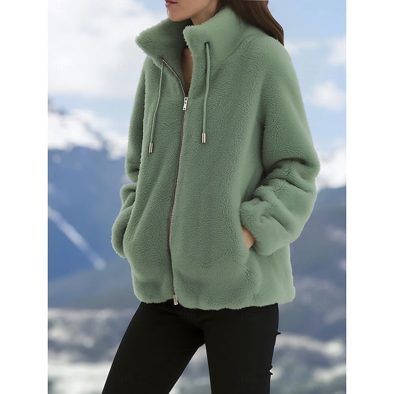 Women's green plush fleece full-zip coat with drawstring collar
