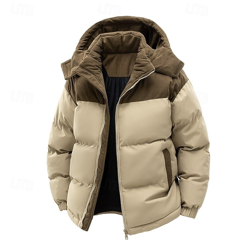 Men's two-tone hooded insulated puffer jacket with a full zip