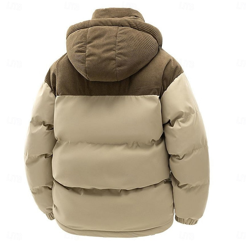 Men's two-tone hooded insulated puffer jacket with a full zip