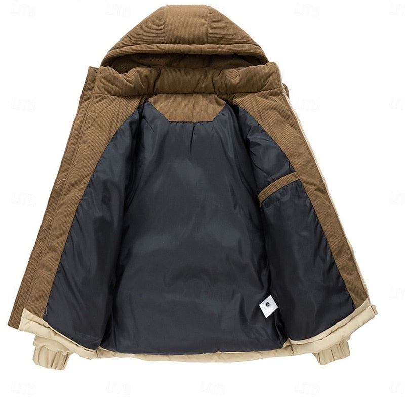 Men's two-tone hooded insulated puffer jacket with a full zip