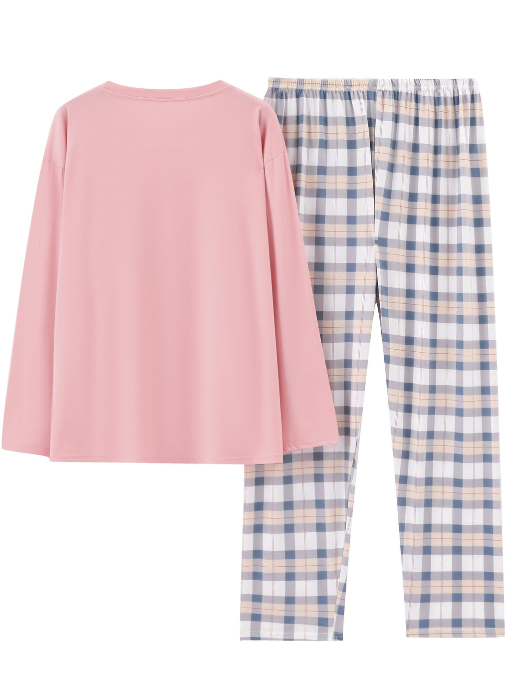 Women's pink two-piece plaid pajama set with long sleeves for fall