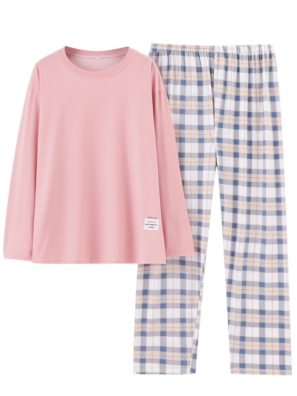 Women's pink two-piece plaid pajama set with long sleeves for fall