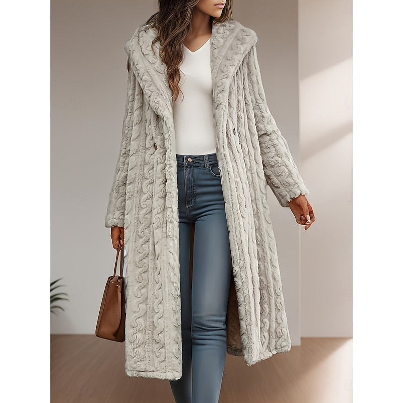 Women's hooded longline winter coat with an open front and pockets