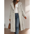 Women's hooded longline winter coat with an open front and pockets