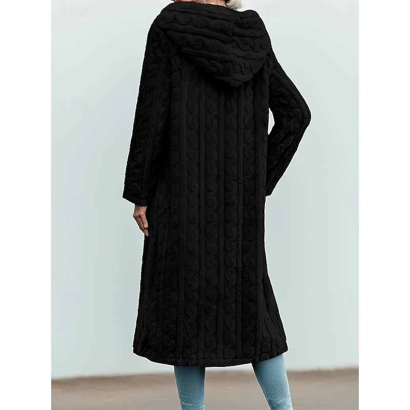Women's hooded longline winter coat with an open front and pockets