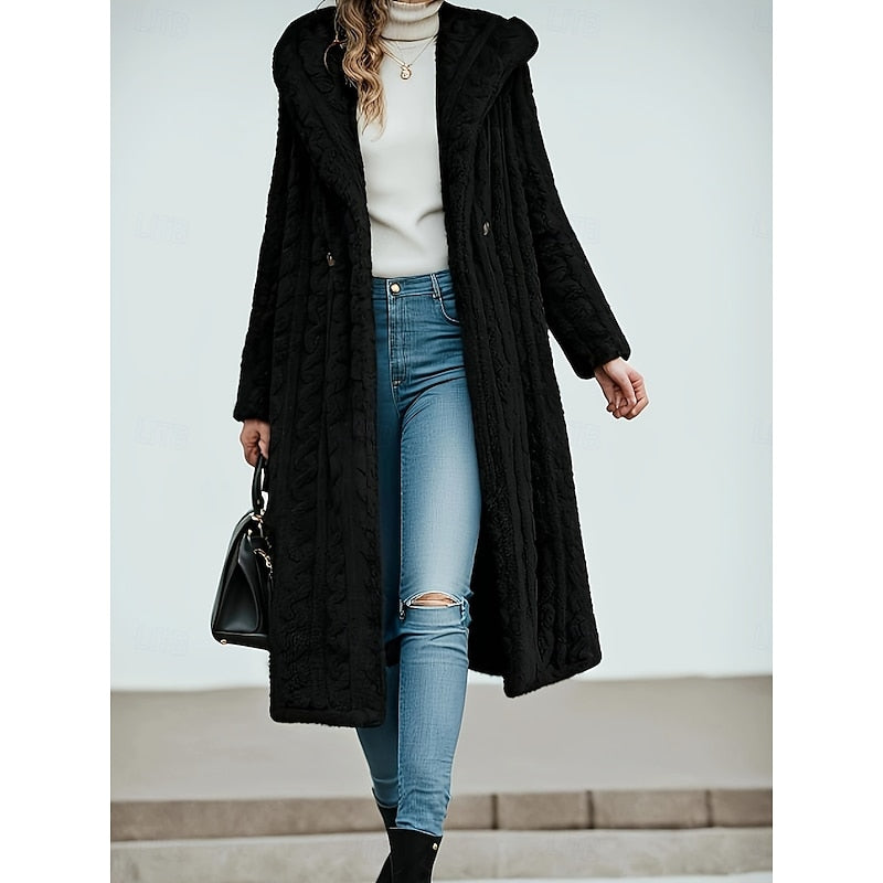 Women's hooded longline winter coat with an open front and pockets