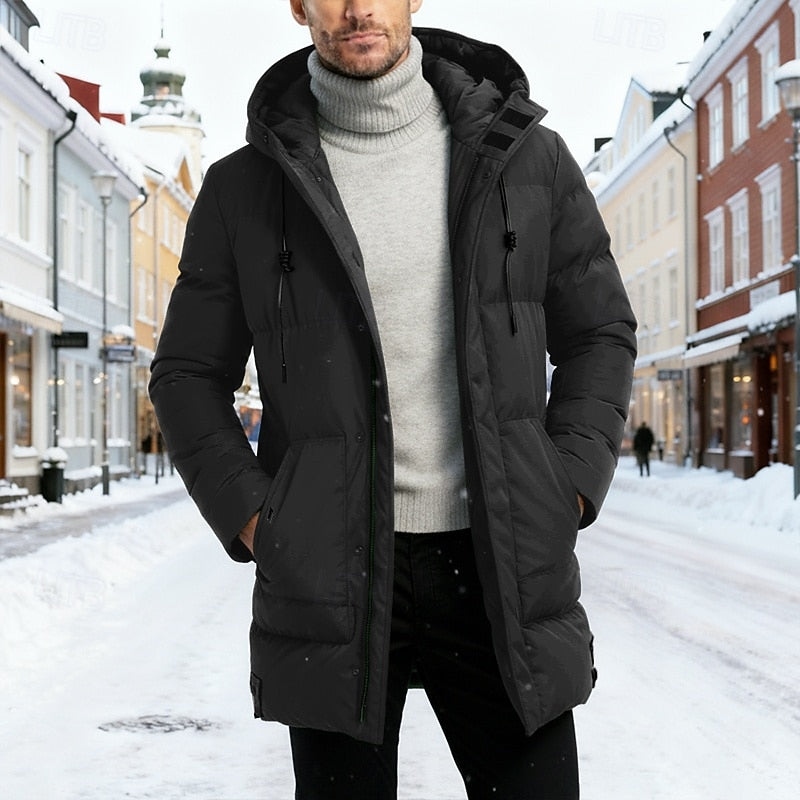 Men's black hooded longline winter coat with a padded lining