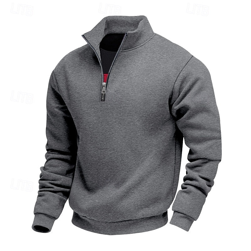 Men's dark gray quarter-zip pullover sweatshirt with stand collar
