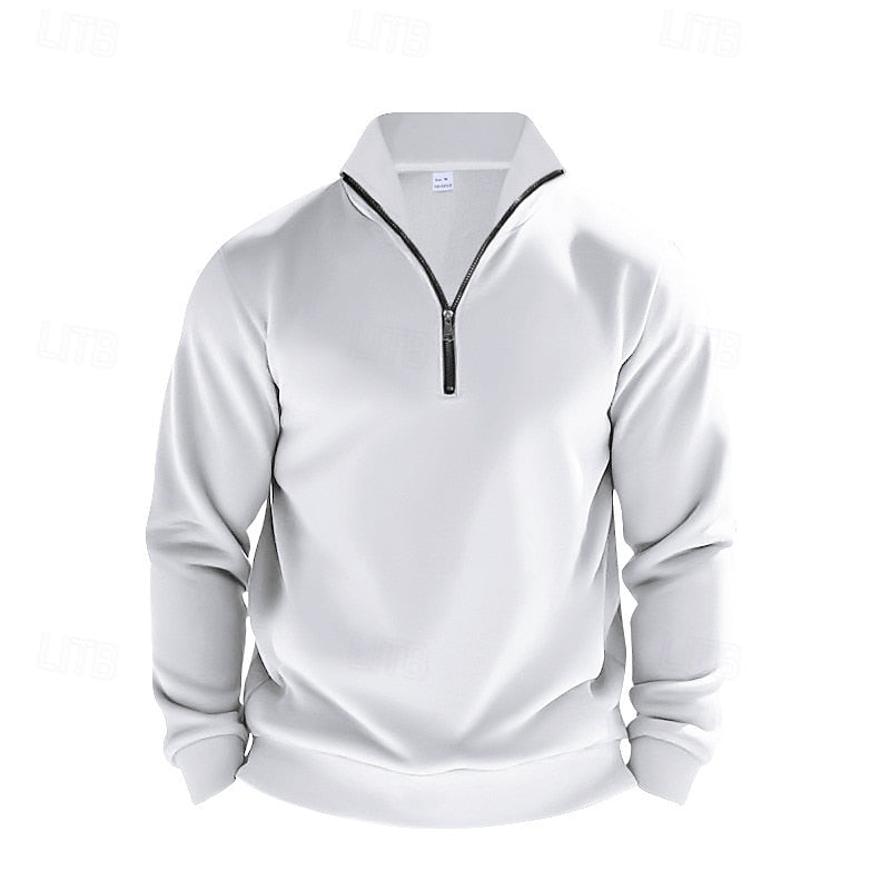 Men's white quarter-zip pullover sweatshirt with stand collar