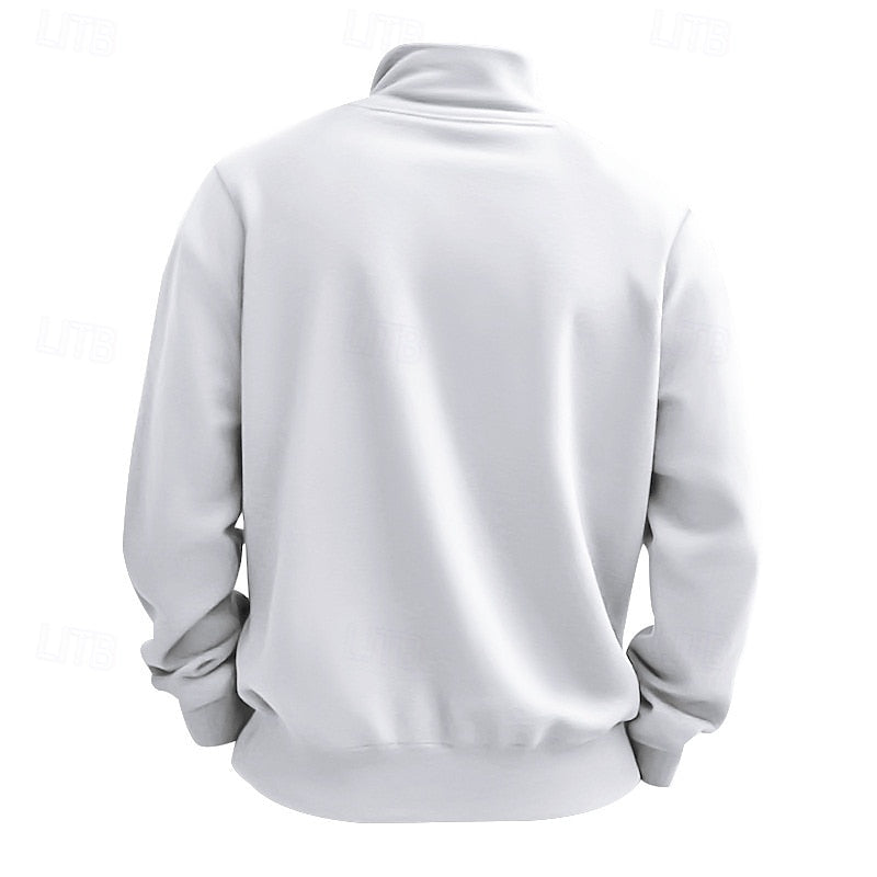 Men's white quarter-zip pullover sweatshirt with stand collar