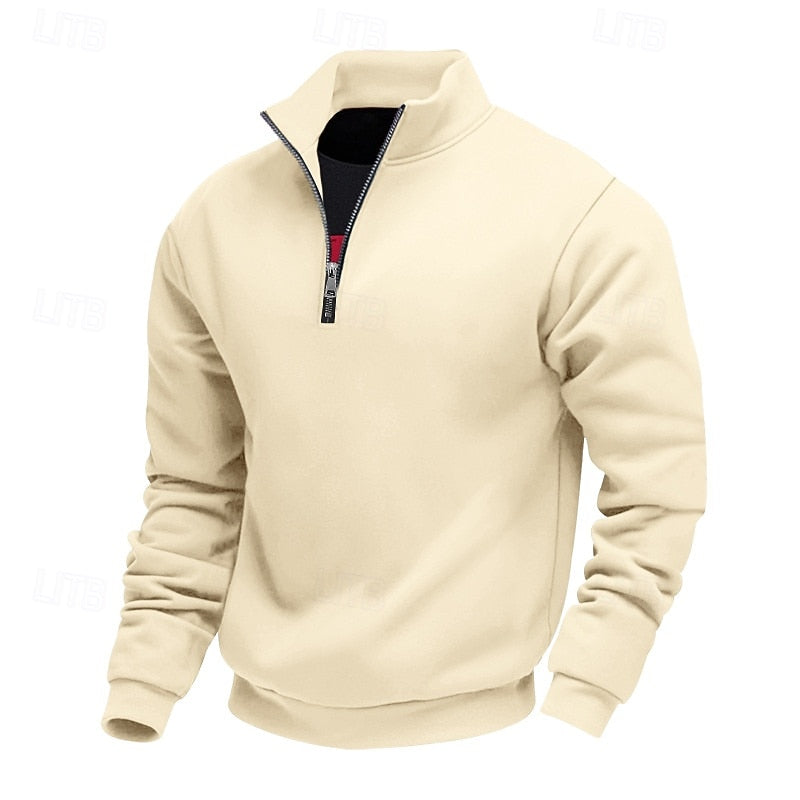 Men's white quarter-zip pullover sweatshirt with stand collar