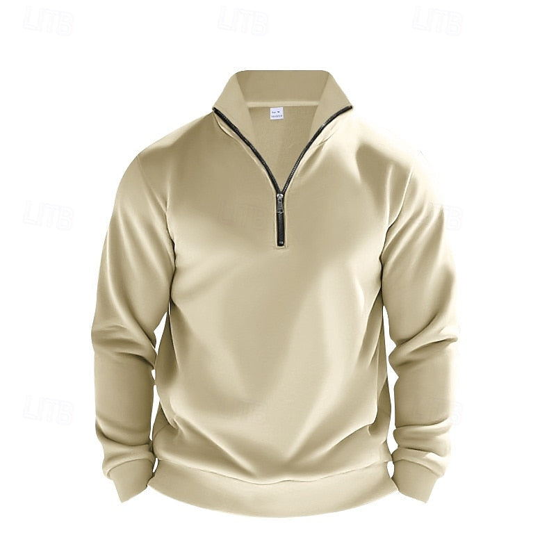 Men's white quarter-zip pullover sweatshirt with stand collar