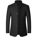 Men's black winter overcoat with a stand-up collar and tailored fit