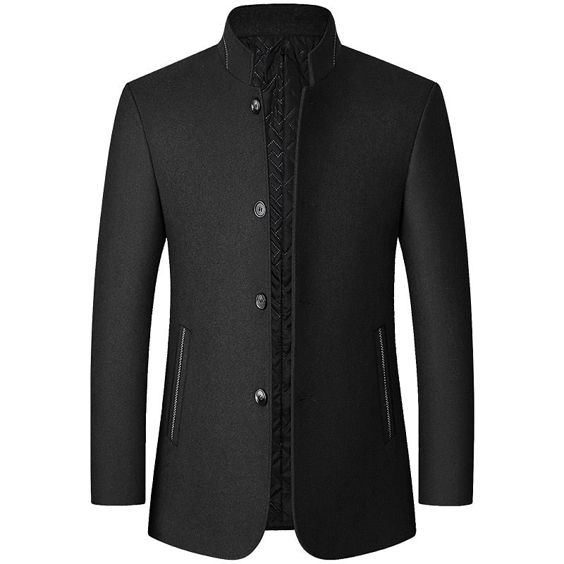Men's black winter overcoat with a stand-up collar and tailored fit