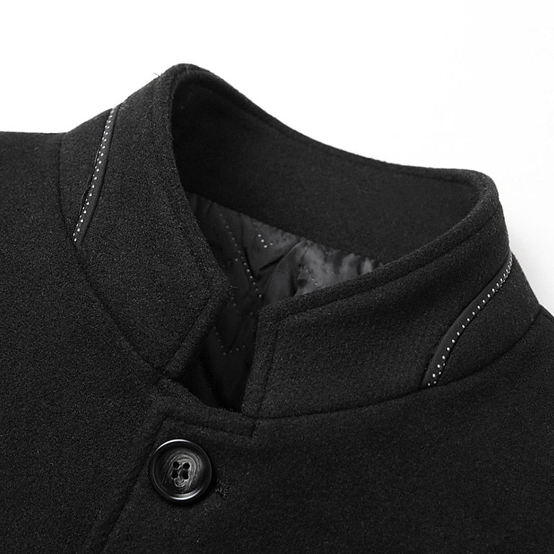 Men's wine winter overcoat with a stand-up collar and tailored fit