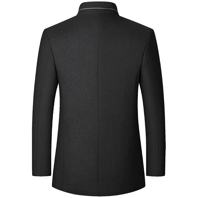 Men's gray winter overcoat with a stand-up collar and tailored fit