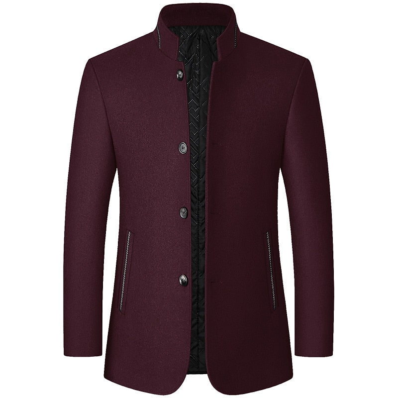 Men's black winter overcoat with a stand-up collar and tailored fit