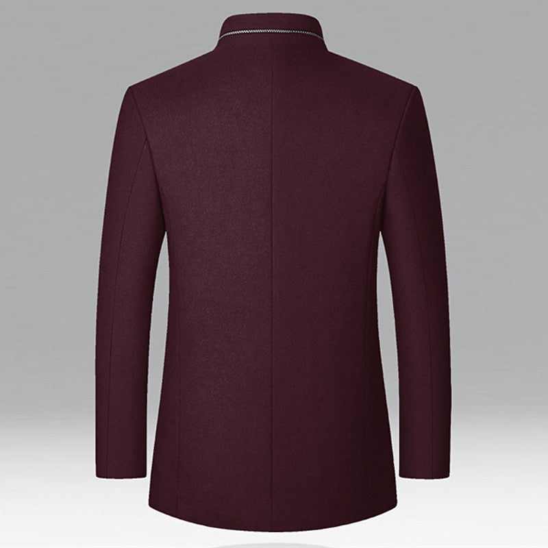 Men's wine winter overcoat with a stand-up collar and tailored fit