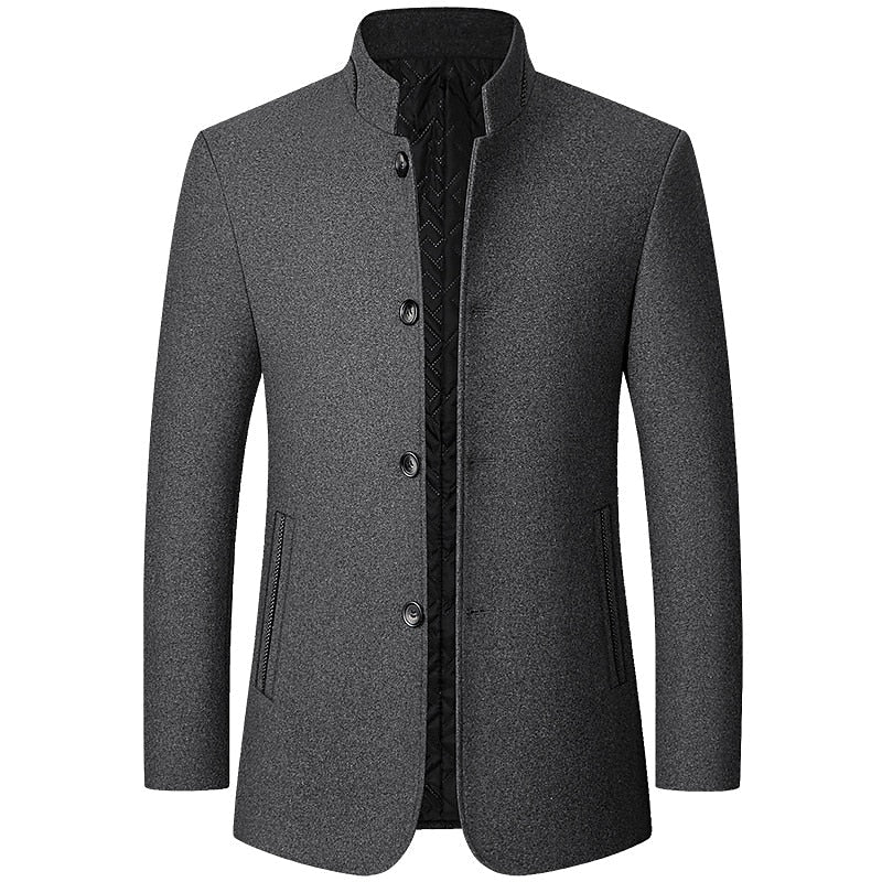 Men's gray winter overcoat with a stand-up collar and tailored fit